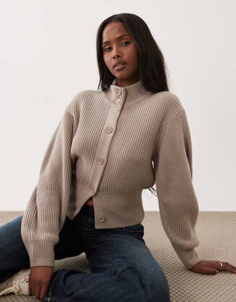 ASOS DESIGN knitted funnel neck cardigan in stone