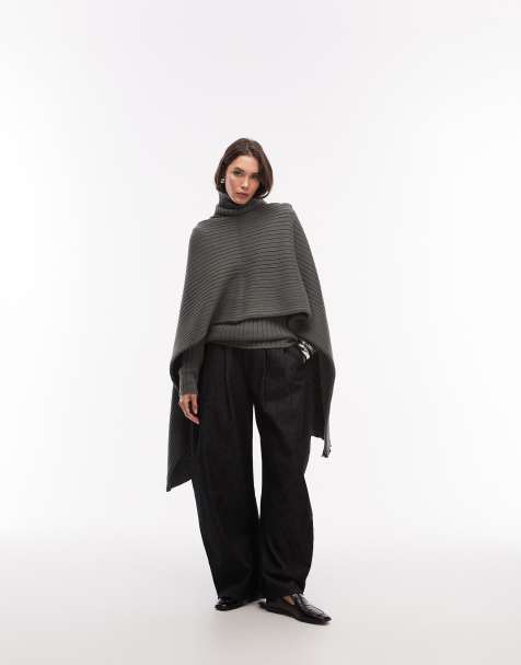 ASOS DESIGN knitted funnel neck jumper with re-attachable scarf in charcoal