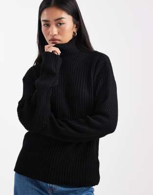 Asos Design Knitted Funnel Neck Sweater In Black