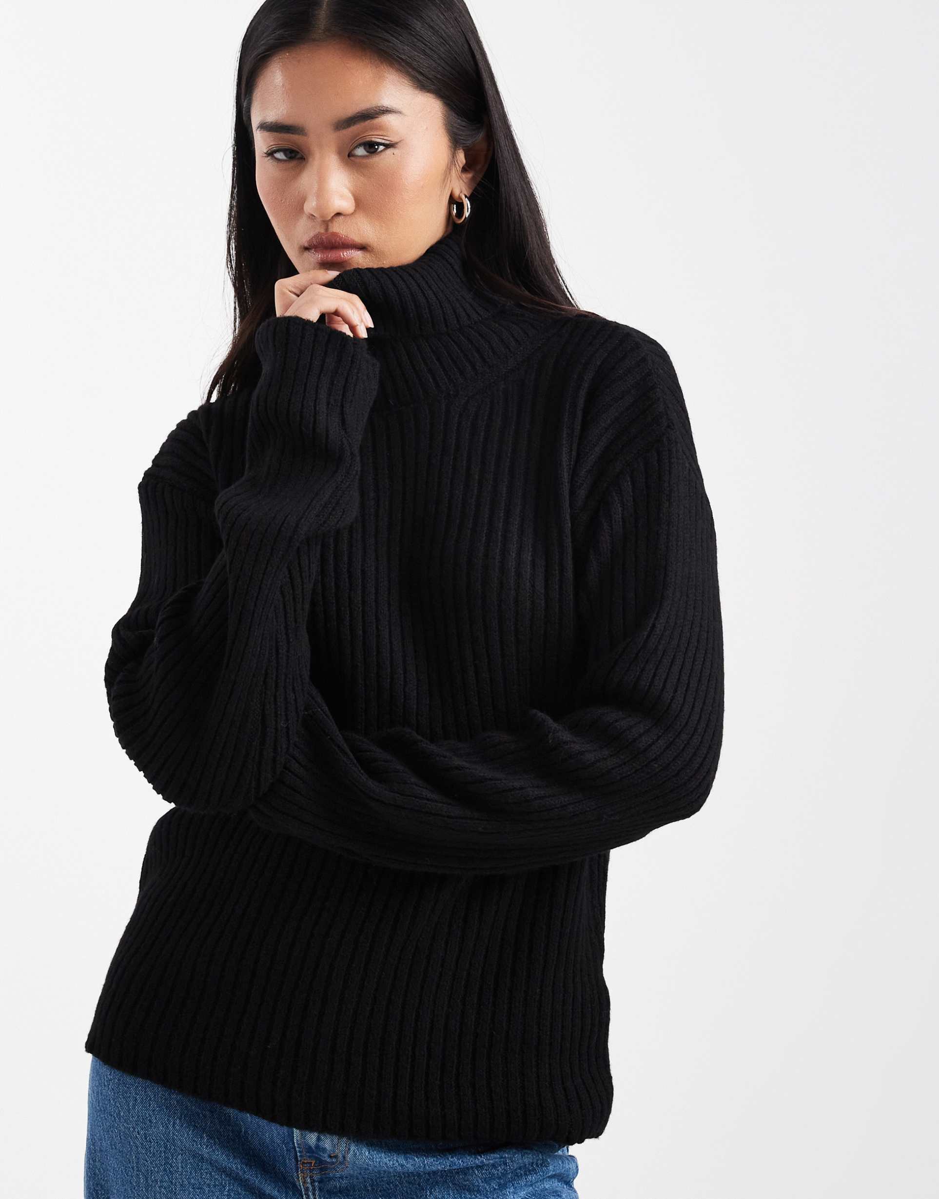 asos design knitted funnel neck sweater in black