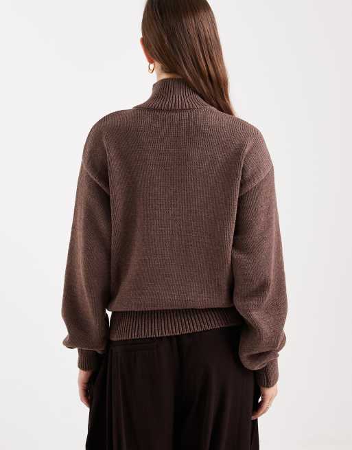 ASOS DESIGN knitted funnel neck zip-up cardigan in brown, 4 of 4