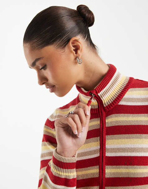 ASOS DESIGN knitted funnel neck zip up jacket co-ord in stripe - view 1