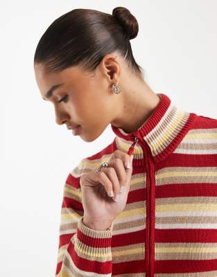 ASOS DESIGN knitted funnel neck zip-up jacket in stripe (Part of a set)