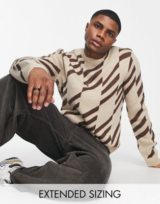 ASOS DESIGN knitted geo print jumper in beige & brown