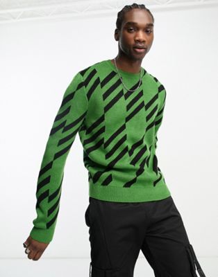 ASOS DESIGN knitted geo print jumper in green & black-Multi