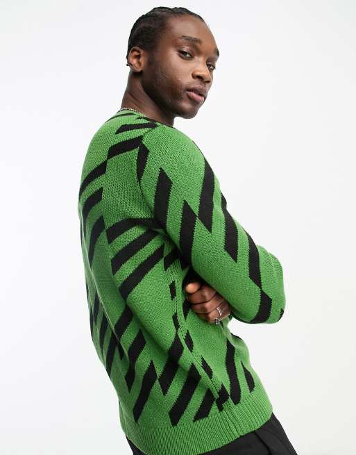 ASOS DESIGN knitted geo print jumper in green black ASOS