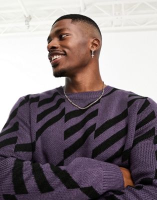 ASOS DESIGN knitted geo print jumper in purple & black