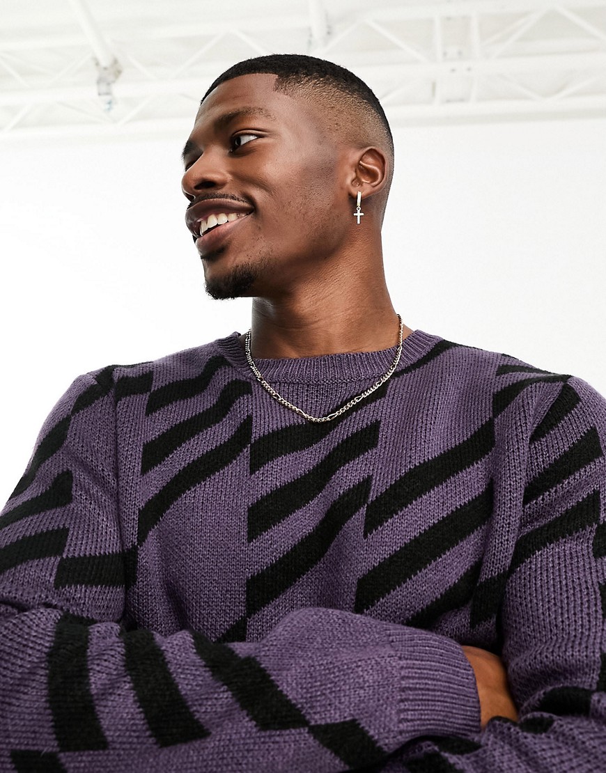 ASOS DESIGN knitted geo print jumper in purple & black-Multi