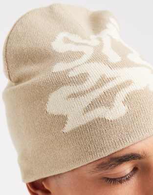 Asos Design Knitted Graffiti Graphic Skull Beanie In Neutral