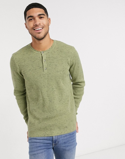 ASOS DESIGN knitted grandad neck jumper in waffle knit texture in Sage Green