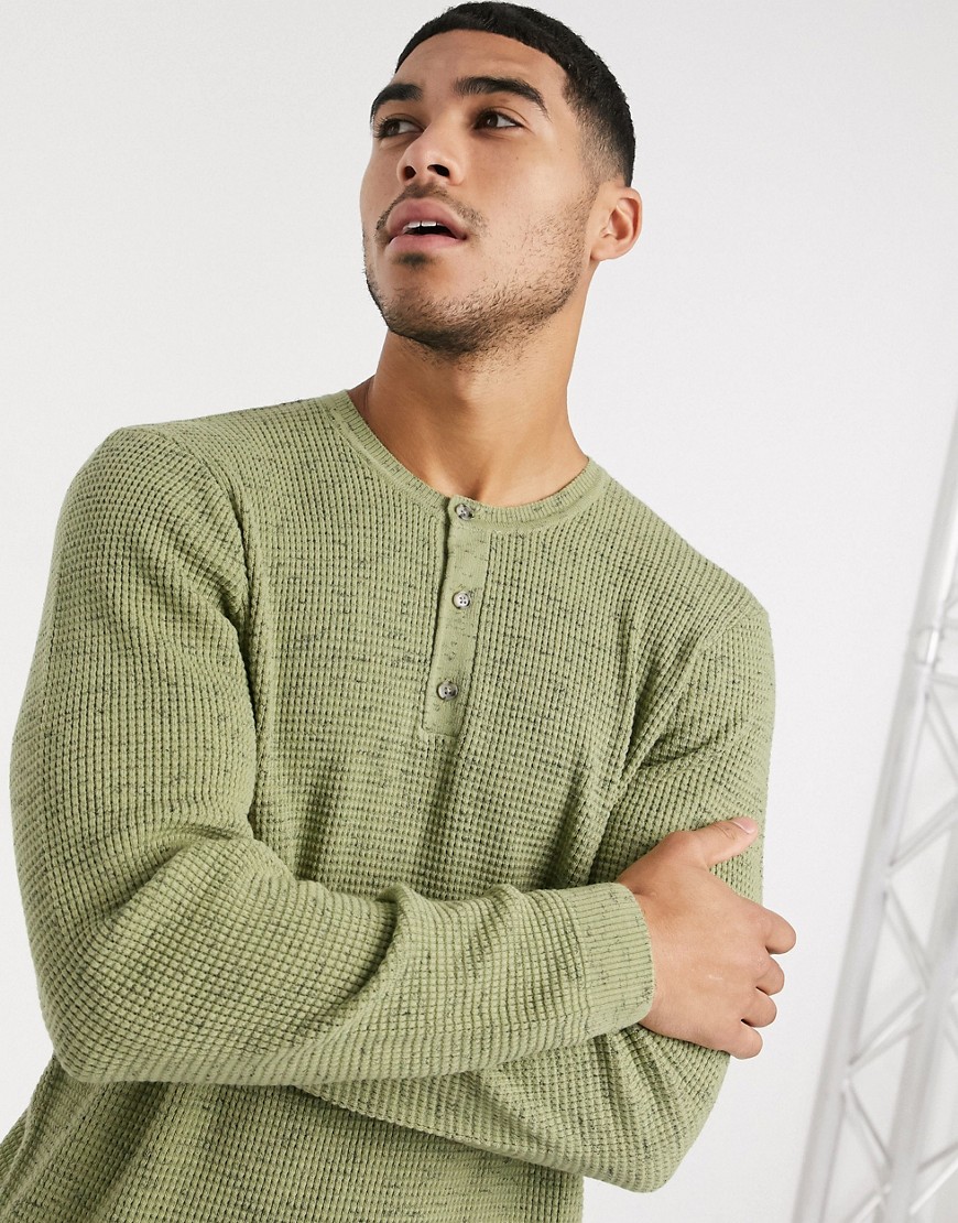 ASOS DESIGN knitted grandad neck jumper in waffle knit texture in Sage Green