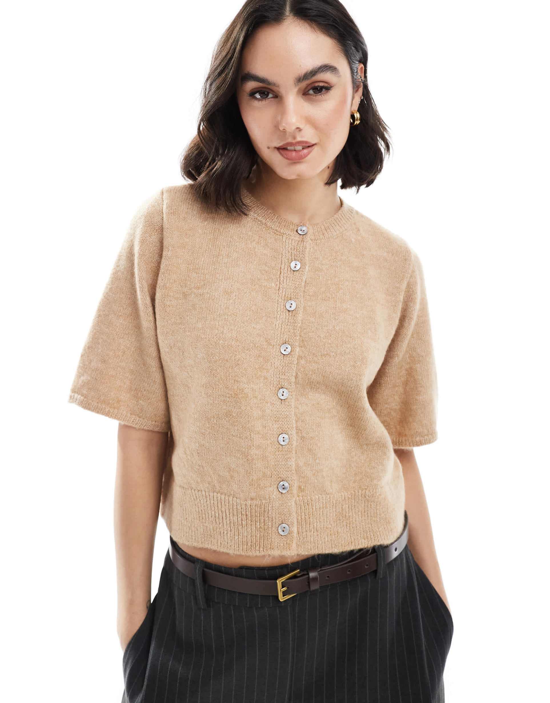 asos design knitted half sleeve cardigan in mocha