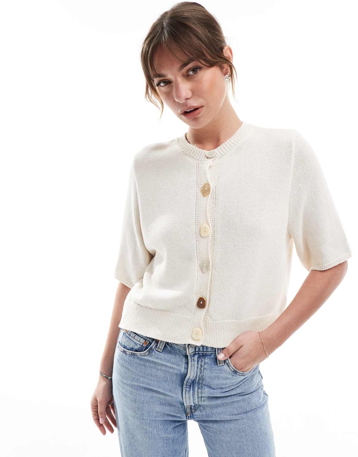 ASOS DESIGN knitted half sleeve cardigan with irregular pearl buttons in ivory