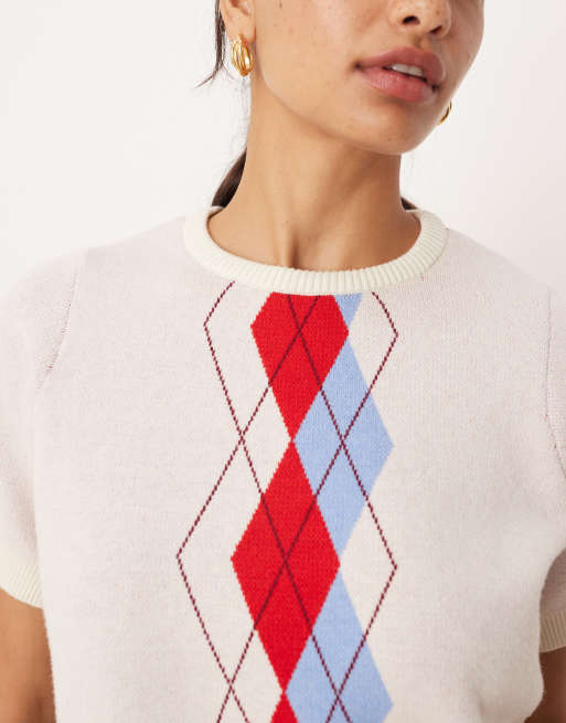 ASOS DESIGN knitted half sleeve t-shirt in ecru argyle, 3 of 4