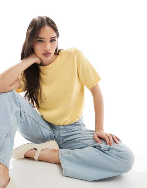 ASOS DESIGN knitted half sleeve top in buttermilk yellow - view 1