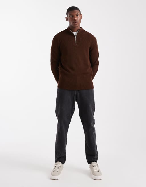 ASOS DESIGN knitted half-zip ribbed jumper in brown, 2 of 5