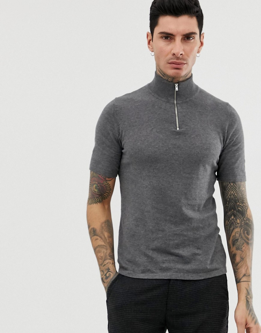 ASOS DESIGN knitted half zip t-shirt in charcoal twist-Grey