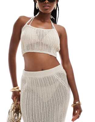 ASOS DESIGN knitted halter crop top co-ord in cream-White