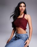 [ASOS DESIGN] ASOS DESIGN knitted halter crop top in metallic yarn in burgundy-Red S Burgundy