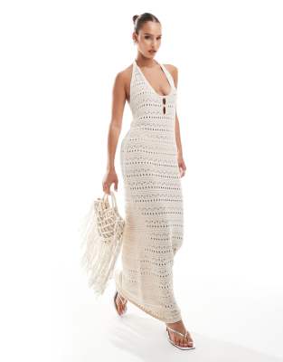 Asos Design Knitted Halter Maxi Dress In Ecru-white