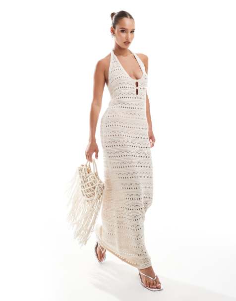 ASOS DESIGN knitted halter maxi dress in ecru - view 1