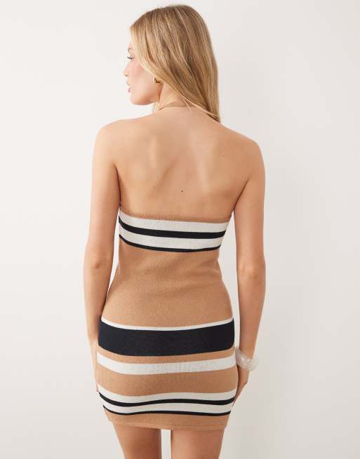 ASOS DESIGN knitted halter mini dress in brown stripe, 4 of 4
