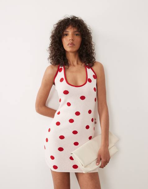ASOS DESIGN knitted halter mini dress in red polka dot - view 1