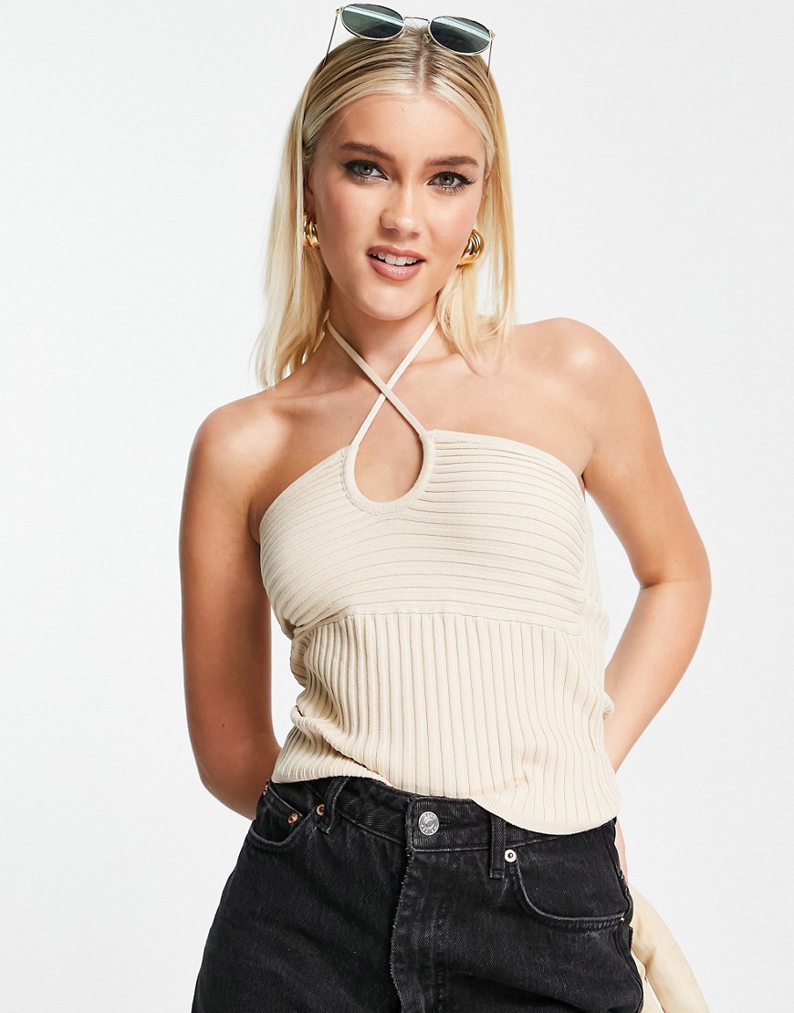 Asos Design Knitted Halter Neck Cami In Mixed Rib In Camel-neutral