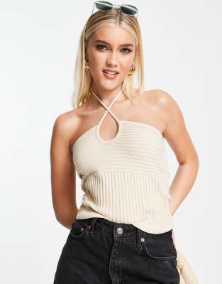 ASOS DESIGN knitted halter neck cami in mixed rib in camel