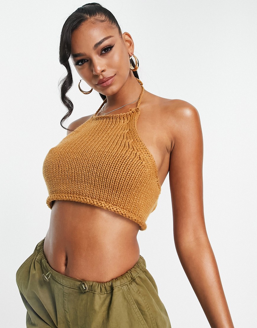 ASOS DESIGN knitted halter neck cami with tie back detail in stone-Neutral