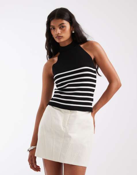 ASOS DESIGN knitted halter neck top in black and ecru stripe - view 1