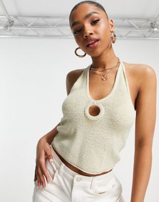 ASOS DESIGN knitted halter neck top with ring detail in stone