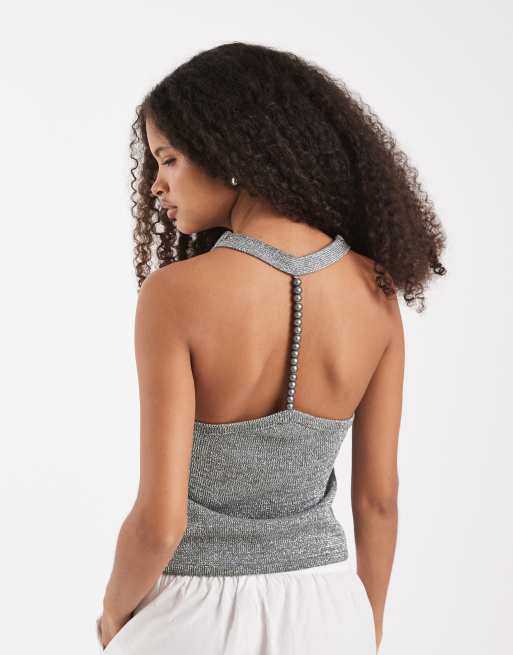 ASOS DESIGN knitted halter top with beads in khaki, 4 of 4