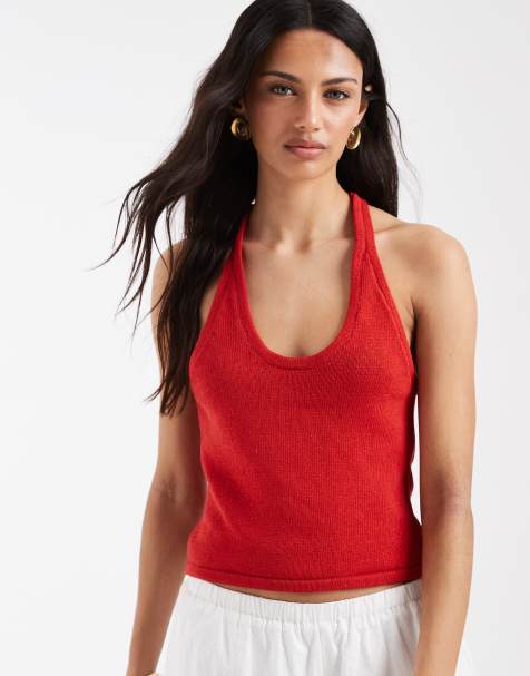 ASOS DESIGN knitted halter top with beads in red - view 1