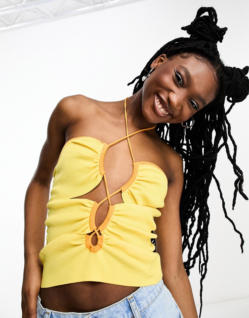 ASOS DESIGN knitted halter top with cut out detail and contrast trim in yellow