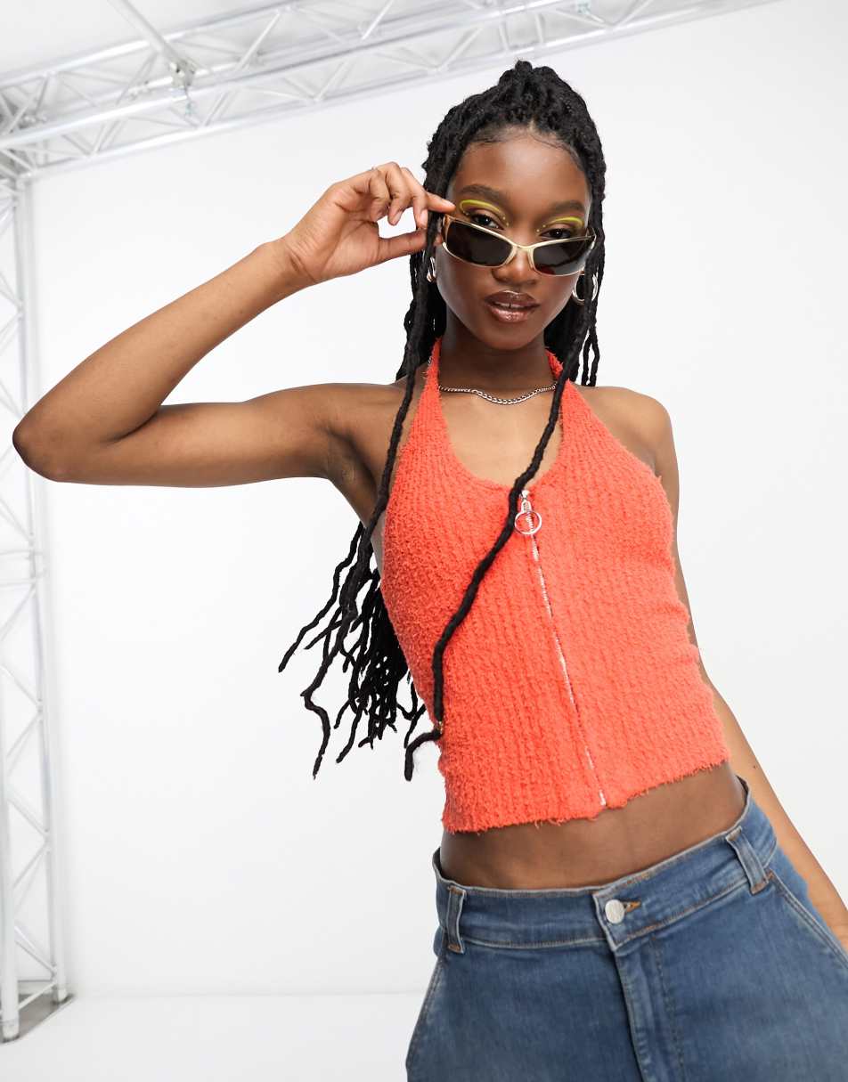 ASOS DESIGN knitted halter top with zip neck detail in textured