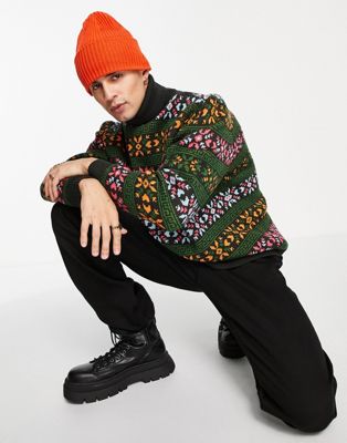 ASOS DESIGN knitted heavyweight Christmas jumper with fairisle design in dark green