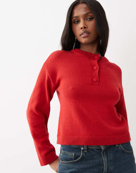 ASOS DESIGN knitted henley jumper in red - view 1