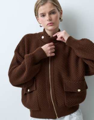 ASOS DESIGN knitted high neck bomber jacket in chocolate brown | ASOS