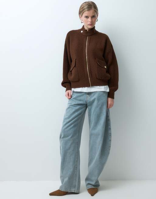 ASOS DESIGN knitted high neck bomber jacket in chocolate brown, 3 of 5