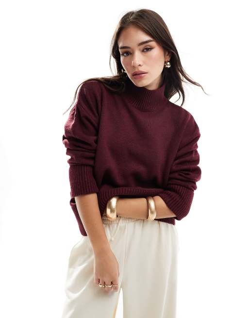 ASOS DESIGN knitted high neck jumper with turn back cuffs in burgundy ASOS