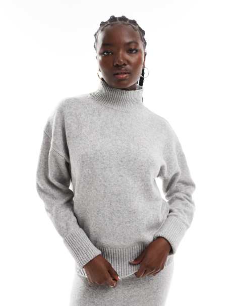 ASOS DESIGN knitted high neck jumper with turn back cuffs in mid grey - view 1