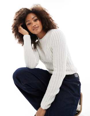 ASOS DESIGN knitted high neck long sleeve jumper in cream-White