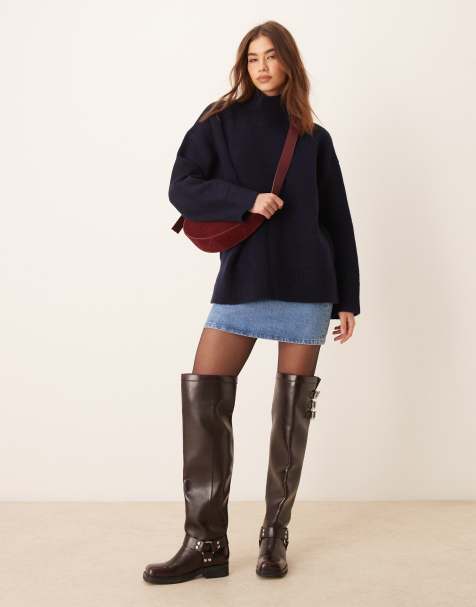 ASOS DESIGN knitted high neck structured trapeze jumper in navy - view 1