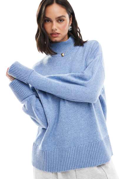 ASOS DESIGN knitted high neck sweater with turn back cuffs in blue - view 1