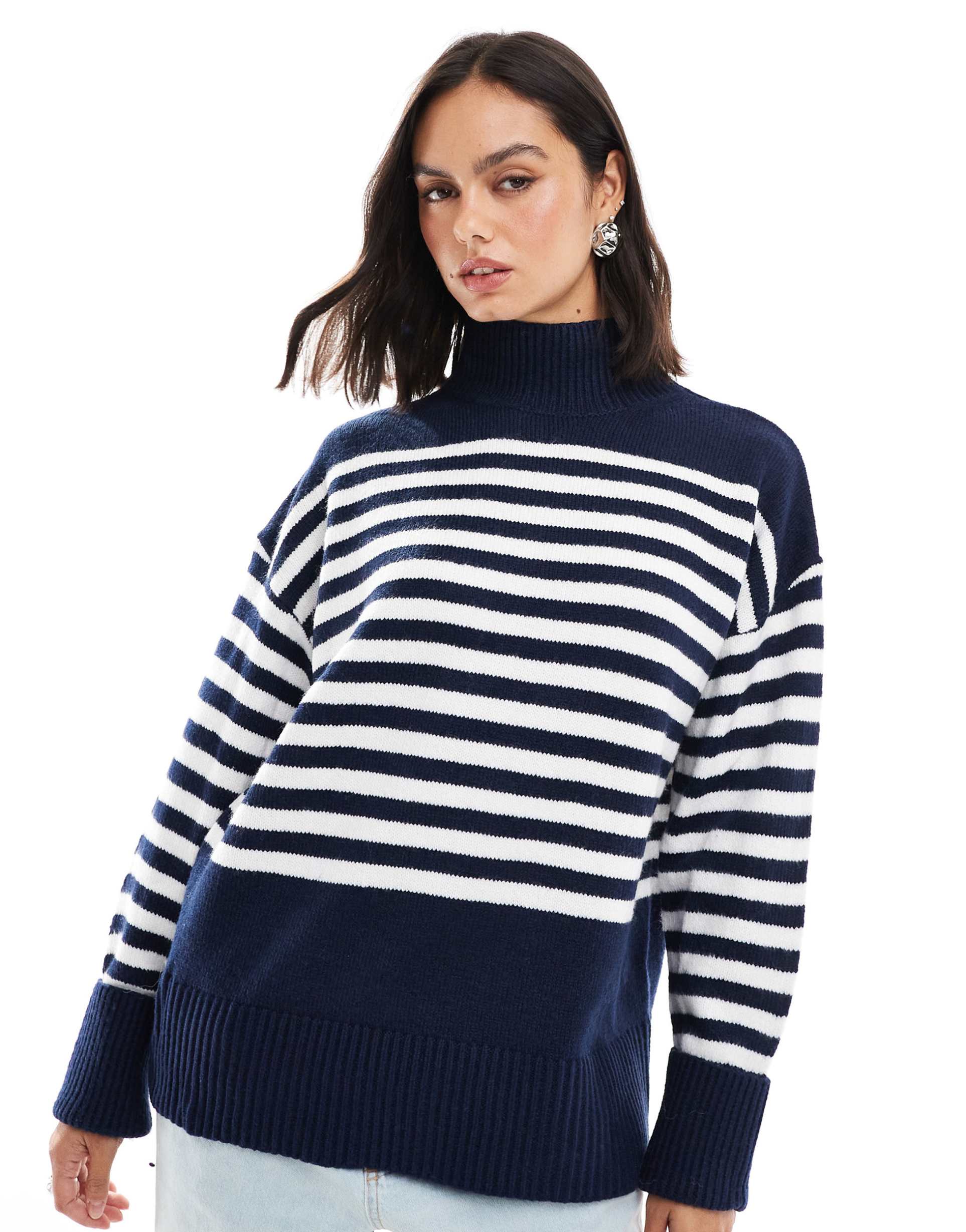 asos design knitted high neck sweater with turn back cuffs in navy stripe