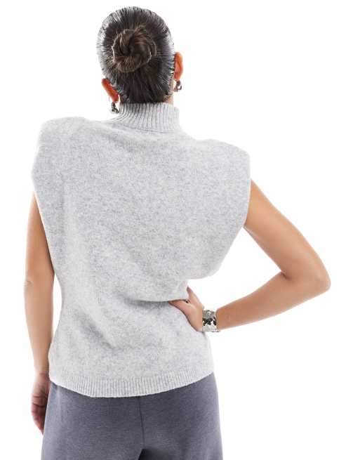ASOS DESIGN knitted high neck tank with shoulder pad and waisted detail in gray