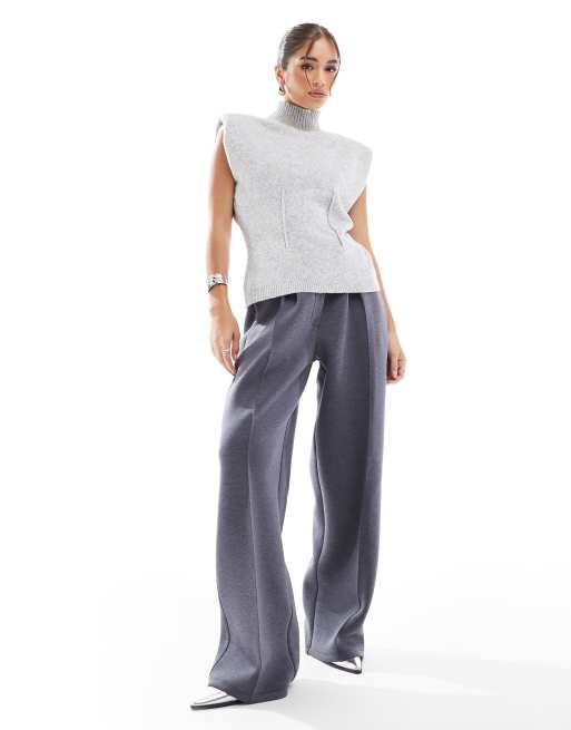 ASOS DESIGN knitted high neck tank with shoulder pad and waisted detail in gray