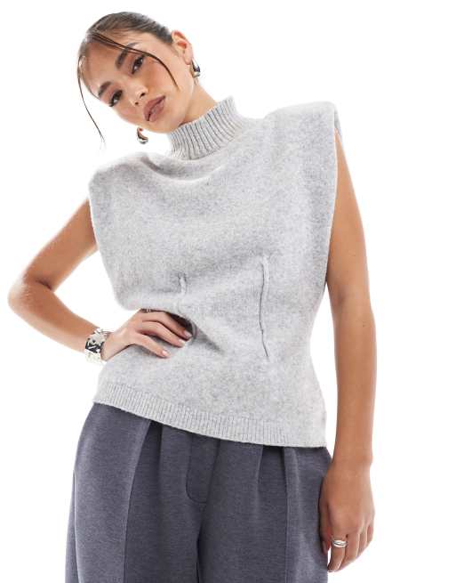 ASOS DESIGN knitted high neck tank with shoulder pad and waisted detail in gray