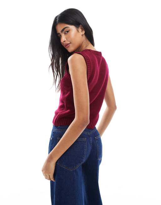 ASOS DESIGN knitted high v neck tank in burgundy, 4 of 4